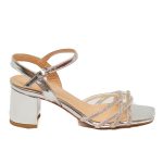 Repo Ασημί Δερμάτινα Πέδιλα με Strass & Μεσαίο Τακούνι